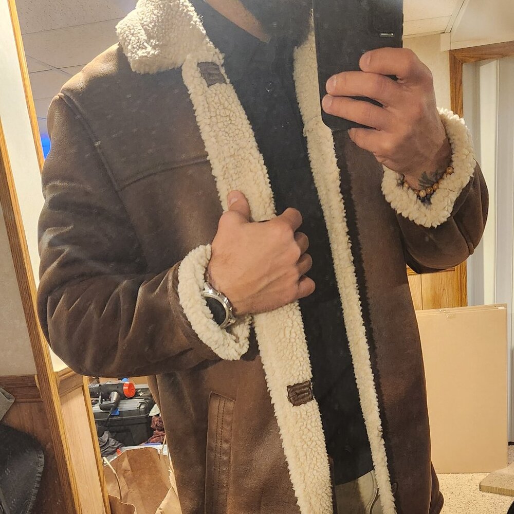 Rainforest Brown Sherpa Shearling Faux Suade Coat - Men's size Large